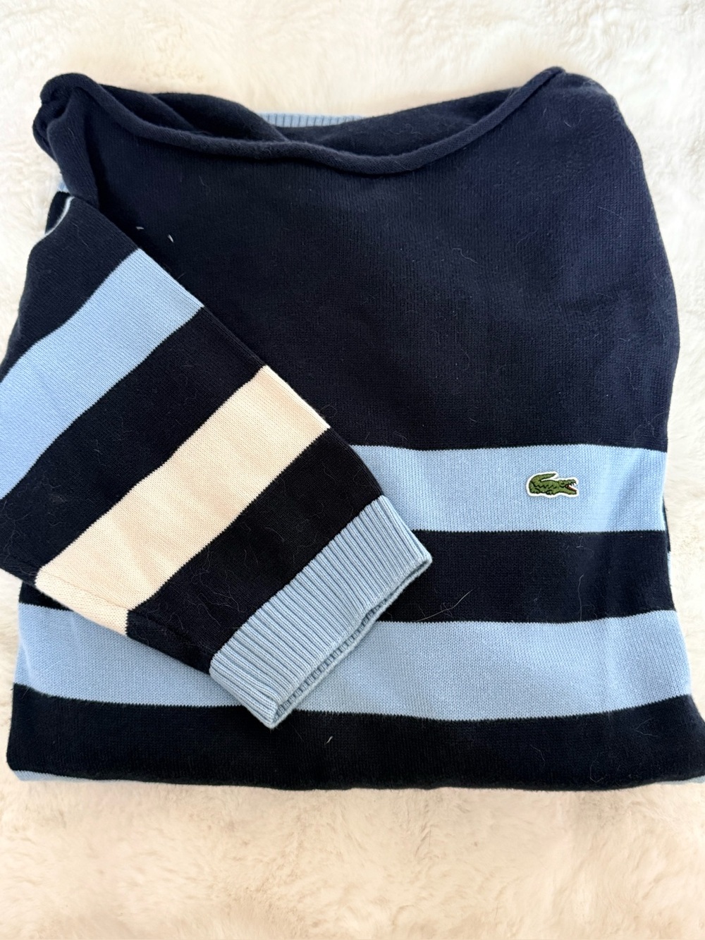 Lacoste Cotton Blue Striped Sweater Wide Crew Neck
